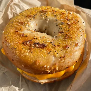 Bacon, egg, and cheese on everything bagel.