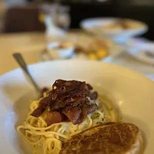 Smoked Bacon Carbonara - I requested to have the bacon done extra crispy and put on top rather than mixed in. Must try!