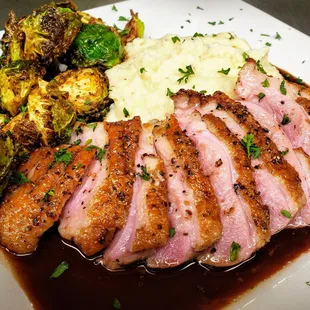 Pan-Seared Duck Breast with Blueberry Port Demi Glace, Brussels Sprouts and Cauliflower Puree
