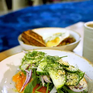 Lox&apos;d &amp; Loaded: house cured lox, everything bagel, herb cream cheese, red onion, cucumber, arugula ($14).