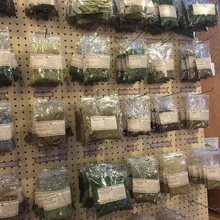 a variety of herbs on display
