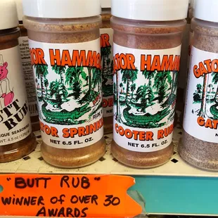 The most popular rub in the store is called "Butt Rub", followed closely by "Cooter Rub". Who knew?
