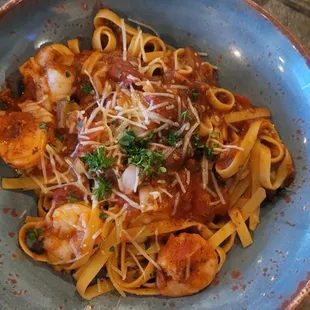 Shrimp and Crab with Marinara sauce (not Alfredo Sauce per the menu)