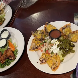 Nachos Royale, Beef and Chicken Quesadillas, Traditional wings (naked and teriyaki)