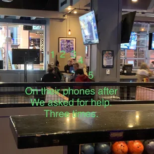 5 servers sitting on their phones. After we asked the host three times for help with the bowing lane.