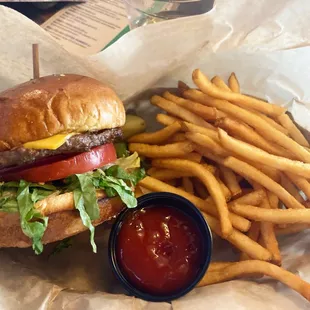 a hamburger and fries