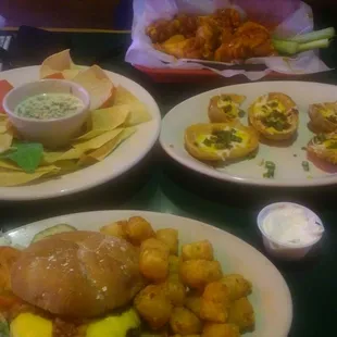 Bacon Cheeseburger, Tator tots, Hot Wings, and Potato Skins