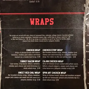 a menu for wraps