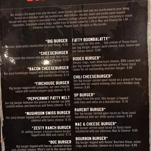 the menu for the big burgers