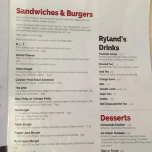 a menu for sandwiches and burgers