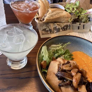 Mushroom Tart , French dip sandwich, black cherry and pina colada margaritas