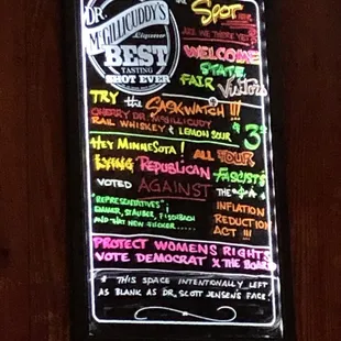 a menu on the wall