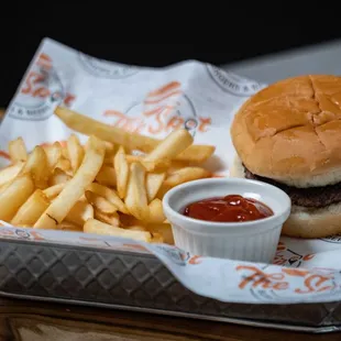 a basket of fries and a burger