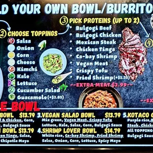 Kotaco bowl and burrito menu