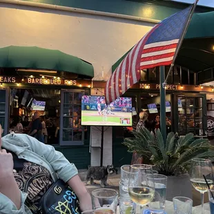 Patio seating with the Padres playoff game on