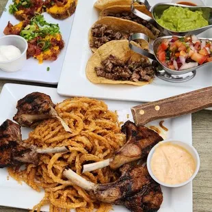 Lamb chops, tacos and potatoe skins