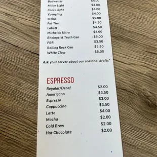a menu for a coffee shop