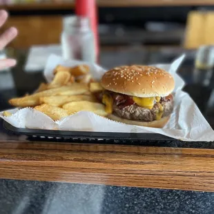 a hamburger and fries