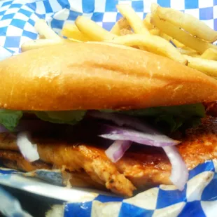 Teriyaki Chicken Sandwich (teriyaki glaze, grilled pineapple rung, wasabi mayo, lettuce, tomato, red onion) and Crack Fries