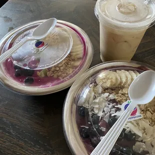Pretty in pink bowl without coconut, island bowl, iced almond milk latte with hazelnut