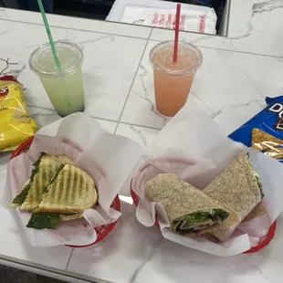Chicken pesto panini or Turkey wrap with a Ursula and a Pink Lady