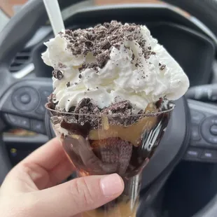 a hand holding an ice cream sundae