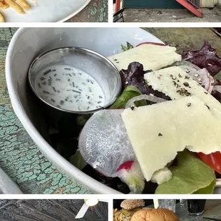 Clockwise- The katsu chicken (top left), the stairs up, the side salad, the mahi mahi sandwich and the bar.