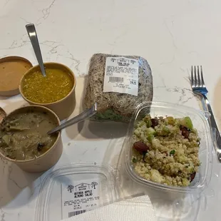 Artichoke lima bean, coconut curry miso soups, tuna salad sandwich and quinoa apple almond salad