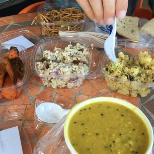 Spicy noodles. Roasted carrots. Tempeh brown rice. Tuna salad. Curry lentil soup.