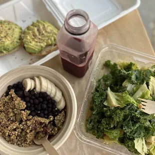 Kale ceaser, açai bowl, avocado on toasted bagel, beet juice