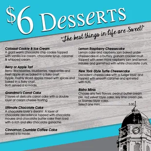 a menu for desserts