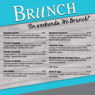 a menu for brunch on a blue background