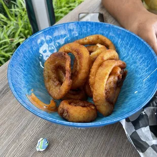 a plate of fried onion rings