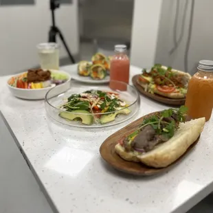 a table with a variety of food items