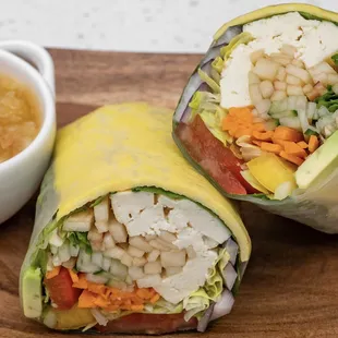 two burritos and a bowl of soup
