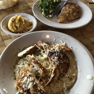 Grilled chicken with grilled vegetables. Corn grits.  Chicken with pasta