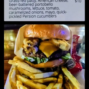 The Works burger with a half order of fries