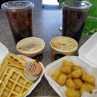 Cream of crab soup,waffles,tater tots,hibiscus tea