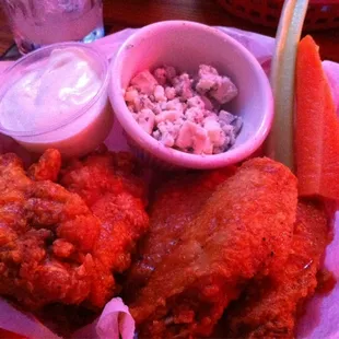 Here is how to be American girl, blue cheese crumbs with blue cheese dressing and celery stalks.