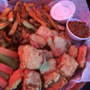 Trying the new item here today, pork belly bites with the highest level of the house hot sauce.