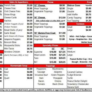 Current Menu as of 10/17/22. Remember prices are subject to change at any time