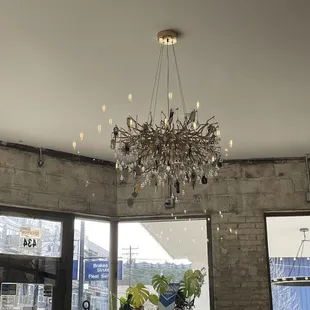 a chandelier hanging from the ceiling