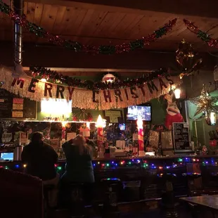 a bar decorated for christmas