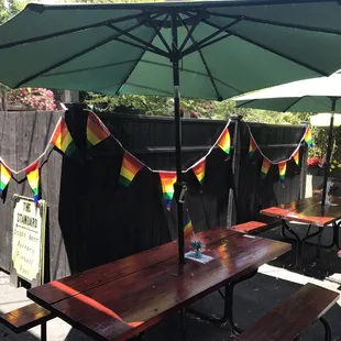 a picnic table with umbrellas