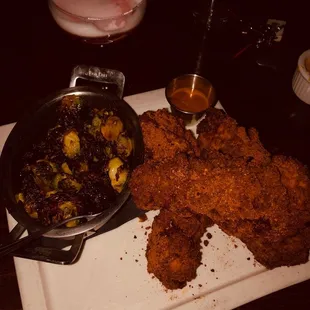 HUGE chicken fingers. Substituted fries for Brussels sprouts