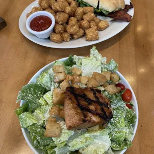 Standard BLT w/ Tater Tots and Cesar salad with grilled Teriyaki Salmon