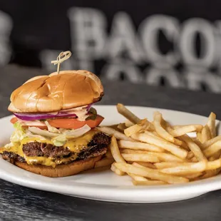 a burger and fries on a plate