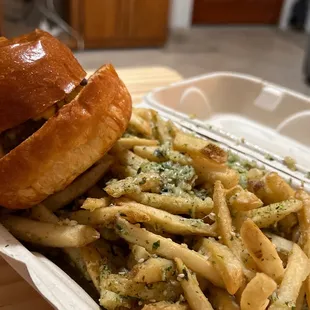 Plain cheeseburger and Truffle Parmesan fries!
