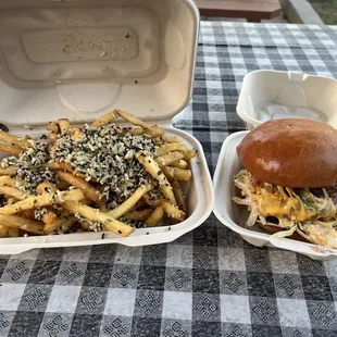 Cash Burger and Truffle Parmesan Fries.