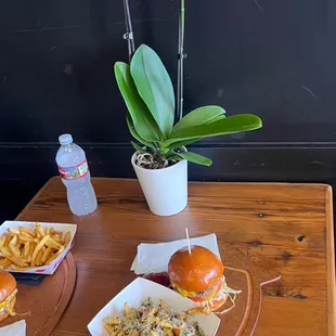 a table with food and flowers